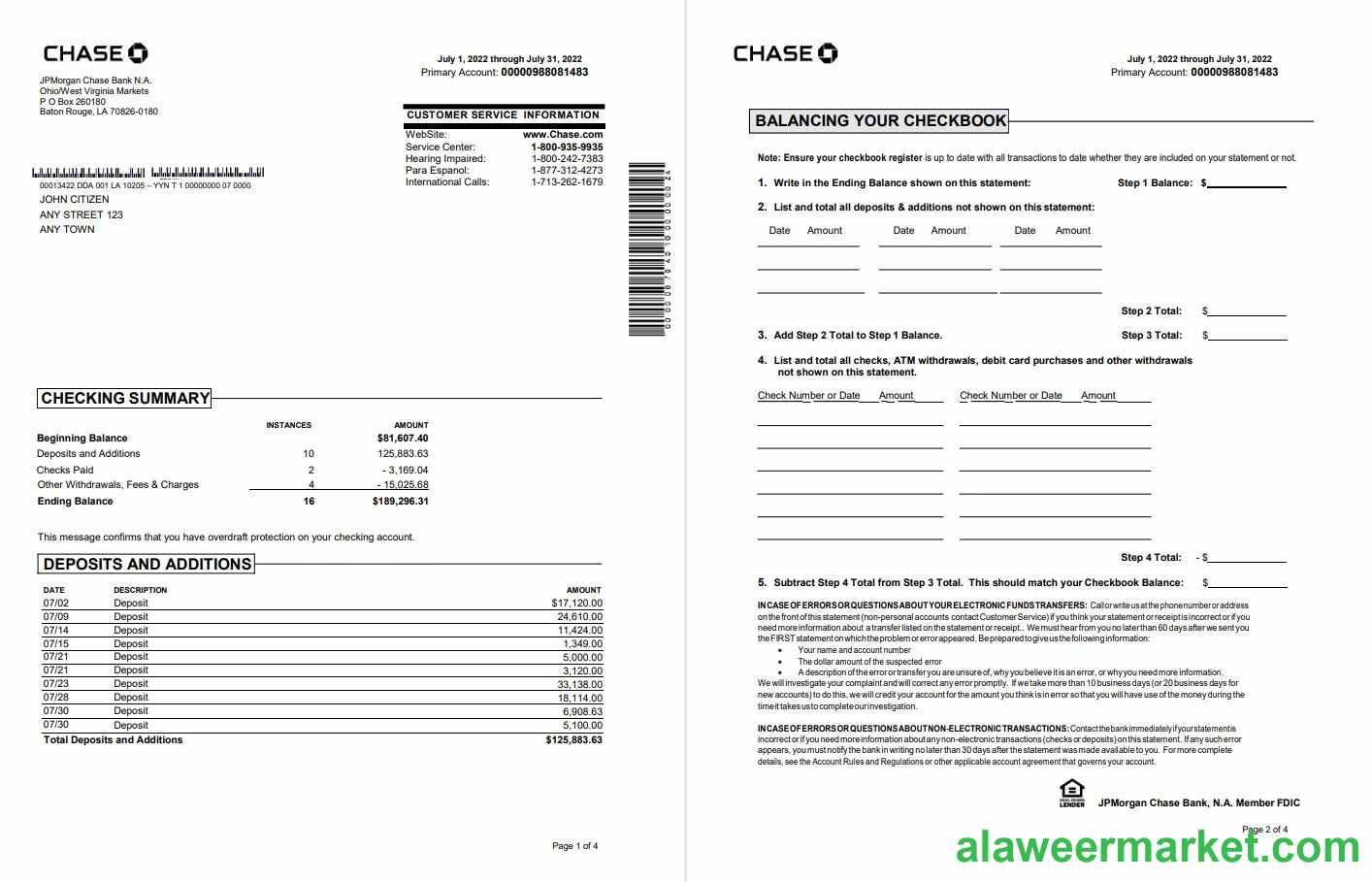 USA Chase bank statement Word and PDF template, 4 pages